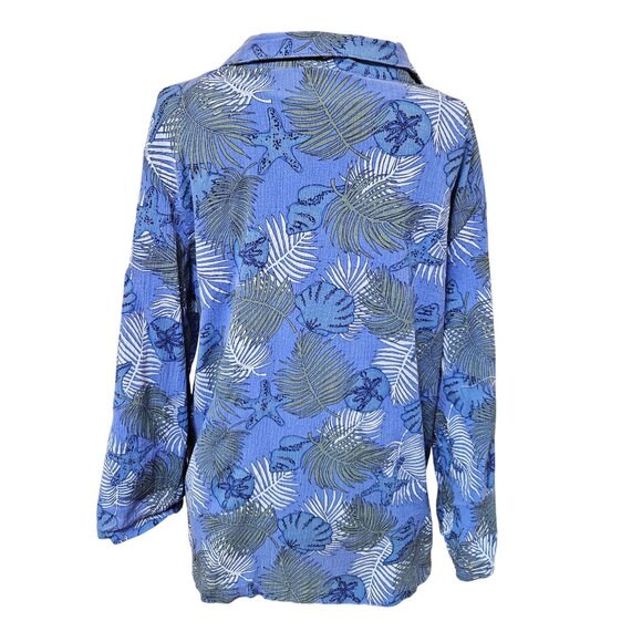 Icantoo Blouse Womens Size M Blue Tropical Print Button Up Shirt Top Cotton - Picture 3 of 8